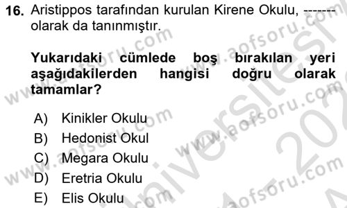 İlkçağ Felsefesi Dersi 2021 - 2022 Yılı (Vize) Ara Sınav Soruları 16. Soru
