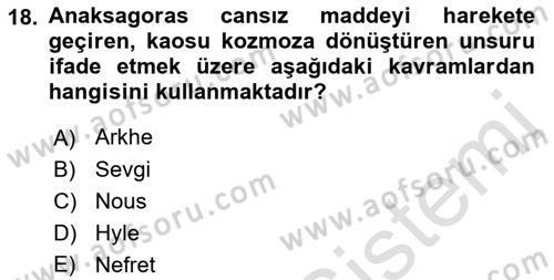 İlkçağ Felsefesi Dersi 2021 - 2022 Yılı (Vize) Ara Sınav Soruları 18. Soru