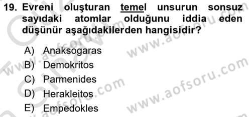 İlkçağ Felsefesi Dersi 2021 - 2022 Yılı (Vize) Ara Sınav Soruları 19. Soru