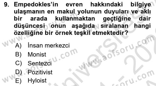İlkçağ Felsefesi Dersi 2021 - 2022 Yılı (Vize) Ara Sınav Soruları 9. Soru