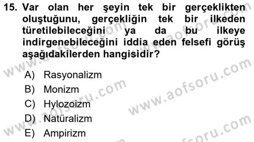İlkçağ Felsefesi Dersi 2021 - 2022 Yılı (Final) Dönem Sonu Sınav Soruları 15. Soru