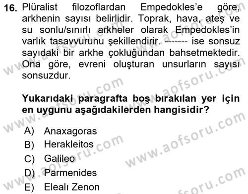 İlkçağ Felsefesi Dersi 2021 - 2022 Yılı (Final) Dönem Sonu Sınav Soruları 16. Soru