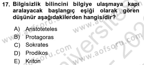 İlkçağ Felsefesi Dersi 2021 - 2022 Yılı (Final) Dönem Sonu Sınav Soruları 17. Soru