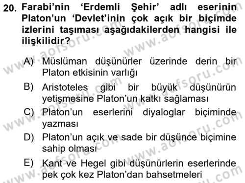 İlkçağ Felsefesi Dersi 2021 - 2022 Yılı (Final) Dönem Sonu Sınav Soruları 20. Soru