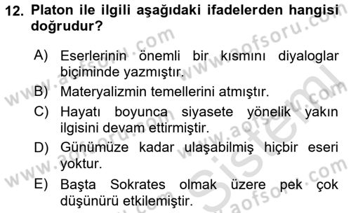 İlkçağ Felsefesi Dersi 2021 - 2022 Yılı Yaz Okulu Sınav Soruları 12. Soru