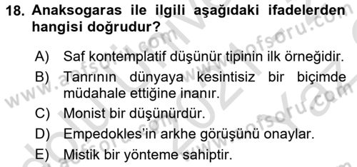 İlkçağ Felsefesi Dersi 2021 - 2022 Yılı Yaz Okulu Sınav Soruları 18. Soru