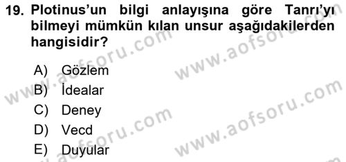 İlkçağ Felsefesi Dersi 2021 - 2022 Yılı Yaz Okulu Sınav Soruları 19. Soru