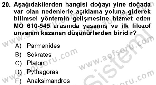 İlkçağ Felsefesi Dersi 2021 - 2022 Yılı Yaz Okulu Sınav Soruları 20. Soru