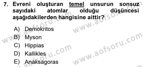 İlkçağ Felsefesi Dersi 2021 - 2022 Yılı Yaz Okulu Sınav Soruları 7. Soru