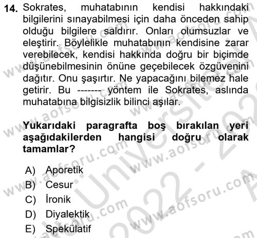 İlkçağ Felsefesi Dersi 2022 - 2023 Yılı (Vize) Ara Sınav Soruları 14. Soru