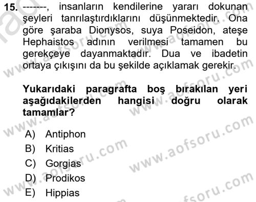 İlkçağ Felsefesi Dersi 2022 - 2023 Yılı (Vize) Ara Sınav Soruları 15. Soru