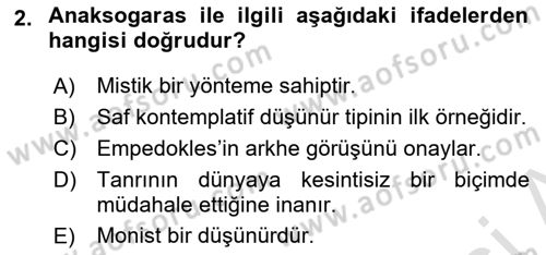 İlkçağ Felsefesi Dersi 2022 - 2023 Yılı (Vize) Ara Sınav Soruları 2. Soru