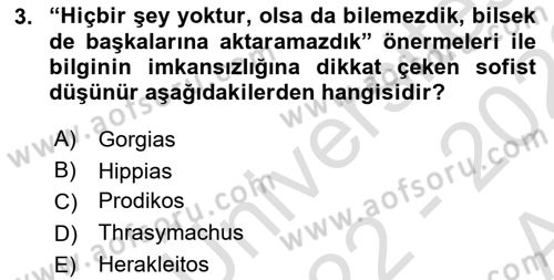 İlkçağ Felsefesi Dersi 2022 - 2023 Yılı (Vize) Ara Sınav Soruları 3. Soru