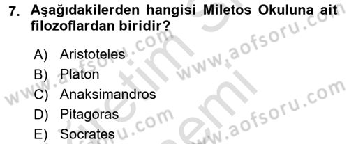 İlkçağ Felsefesi Dersi 2022 - 2023 Yılı (Vize) Ara Sınav Soruları 7. Soru