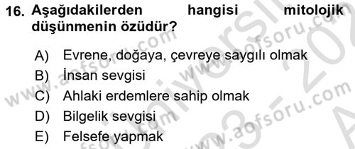 İlkçağ Felsefesi Dersi 2023 - 2024 Yılı (Vize) Ara Sınav Soruları 16. Soru