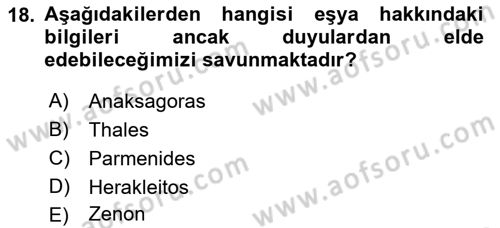İlkçağ Felsefesi Dersi 2023 - 2024 Yılı (Vize) Ara Sınav Soruları 18. Soru