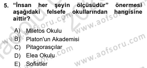 İlkçağ Felsefesi Dersi 2023 - 2024 Yılı (Vize) Ara Sınav Soruları 5. Soru