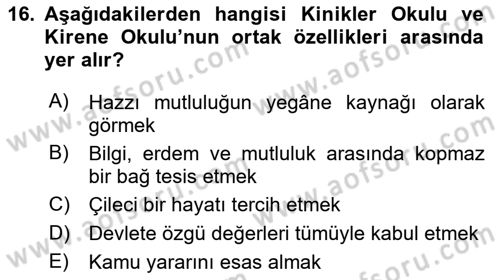 İlkçağ Felsefesi Dersi 2023 - 2024 Yılı (Final) Dönem Sonu Sınav Soruları 16. Soru