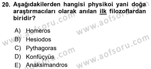 İlkçağ Felsefesi Dersi 2023 - 2024 Yılı (Final) Dönem Sonu Sınav Soruları 20. Soru
