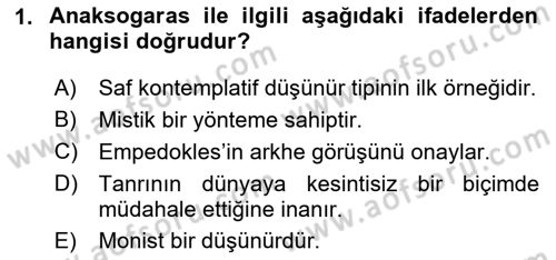 İlkçağ Felsefesi Dersi 2023 - 2024 Yılı Yaz Okulu Sınav Soruları 1. Soru