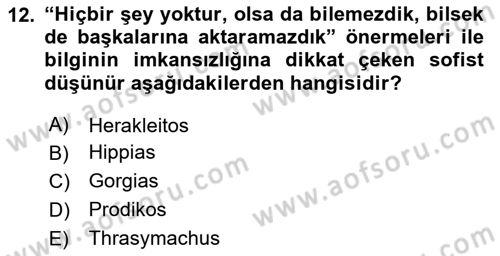 İlkçağ Felsefesi Dersi 2023 - 2024 Yılı Yaz Okulu Sınav Soruları 12. Soru