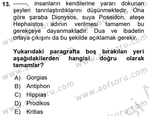 İlkçağ Felsefesi Dersi 2023 - 2024 Yılı Yaz Okulu Sınav Soruları 13. Soru