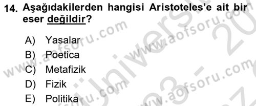 İlkçağ Felsefesi Dersi 2023 - 2024 Yılı Yaz Okulu Sınav Soruları 14. Soru