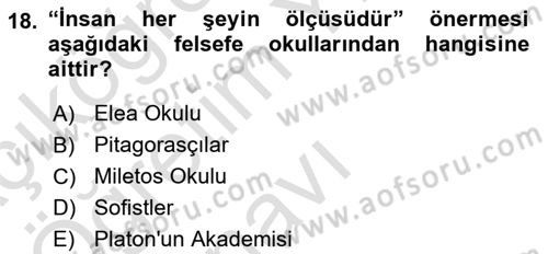 İlkçağ Felsefesi Dersi 2023 - 2024 Yılı Yaz Okulu Sınav Soruları 18. Soru