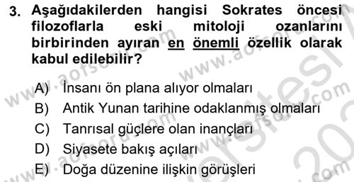 İlkçağ Felsefesi Dersi 2023 - 2024 Yılı Yaz Okulu Sınav Soruları 3. Soru