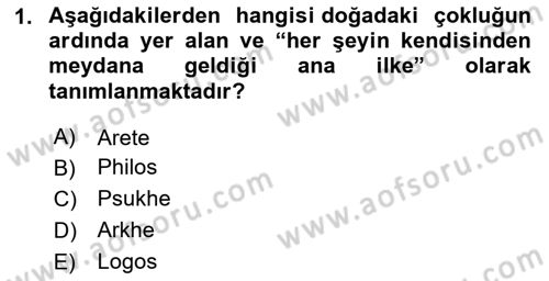 İlkçağ Felsefesi Dersi 2024 - 2025 Yılı (Vize) Ara Sınav Soruları 1. Soru