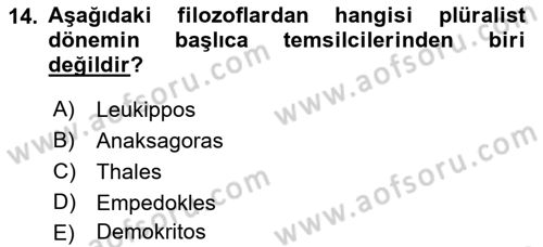 İlkçağ Felsefesi Dersi 2024 - 2025 Yılı (Vize) Ara Sınav Soruları 14. Soru