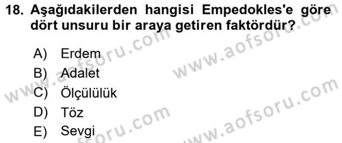 İlkçağ Felsefesi Dersi 2024 - 2025 Yılı (Vize) Ara Sınav Soruları 18. Soru