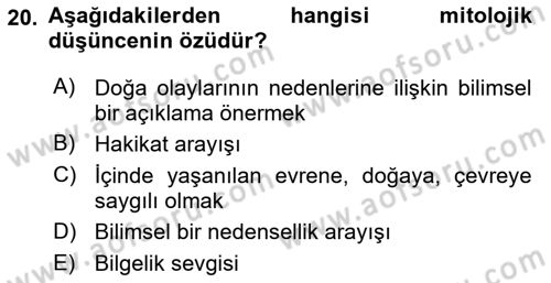 İlkçağ Felsefesi Dersi 2024 - 2025 Yılı (Vize) Ara Sınav Soruları 20. Soru