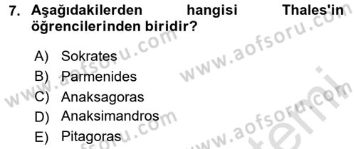 İlkçağ Felsefesi Dersi 2024 - 2025 Yılı (Vize) Ara Sınav Soruları 7. Soru