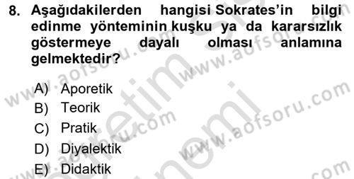 İlkçağ Felsefesi Dersi 2024 - 2025 Yılı (Vize) Ara Sınav Soruları 8. Soru
