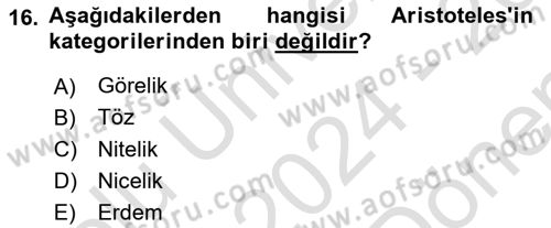 İlkçağ Felsefesi Dersi 2024 - 2025 Yılı (Final) Dönem Sonu Sınav Soruları 16. Soru