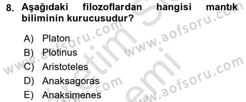 İlkçağ Felsefesi Dersi 2024 - 2025 Yılı (Final) Dönem Sonu Sınav Soruları 8. Soru