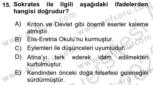 İlkçağ Felsefesi Dersi 2025 - 2026 Yılı (Vize) Ara Sınav Soruları 15. Soru