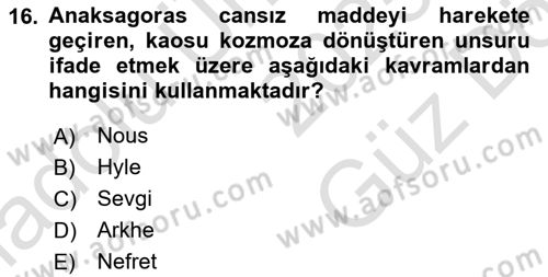 İlkçağ Felsefesi Dersi 2025 - 2026 Yılı (Vize) Ara Sınav Soruları 16. Soru