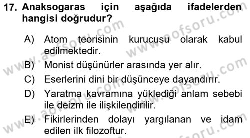 İlkçağ Felsefesi Dersi 2025 - 2026 Yılı (Vize) Ara Sınav Soruları 17. Soru