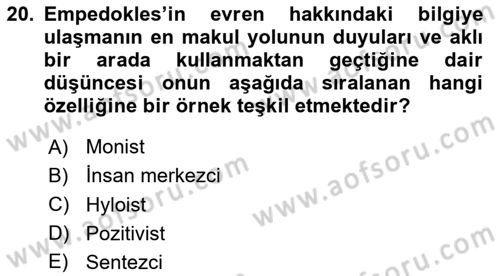 İlkçağ Felsefesi Dersi 2025 - 2026 Yılı (Vize) Ara Sınav Soruları 20. Soru