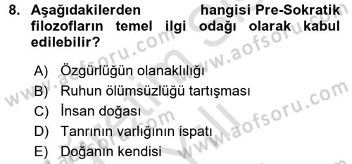 İlkçağ Felsefesi Dersi 2025 - 2026 Yılı (Vize) Ara Sınav Soruları 8. Soru