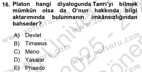 İlkçağ Felsefesi Dersi 2025 - 2026 Yılı (Final) Dönem Sonu Sınav Soruları 16. Soru