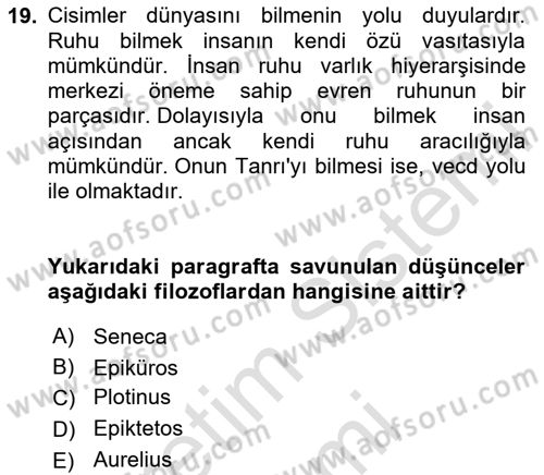 İlkçağ Felsefesi Dersi 2025 - 2026 Yılı (Final) Dönem Sonu Sınav Soruları 19. Soru