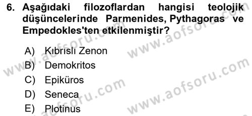 İlkçağ Felsefesi Dersi 2025 - 2026 Yılı (Final) Dönem Sonu Sınav Soruları 6. Soru