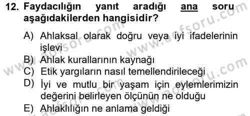 Etik Dersi Ara Sınavı Deneme Sınav Soruları 12. Soru