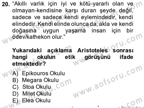 Etik Dersi Ara Sınavı Deneme Sınav Soruları 20. Soru