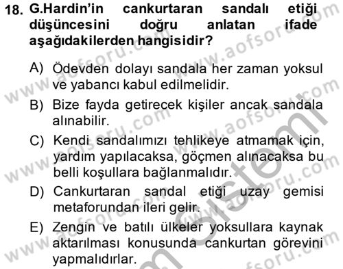 Etik Dersi 2014 - 2015 Yılı (Final) Dönem Sonu Sınav Soruları 18. Soru