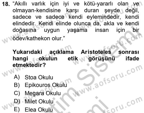 Etik Dersi Ara Sınavı Deneme Sınav Soruları 18. Soru