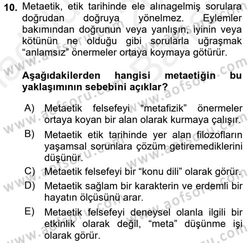 Etik Dersi Ara Sınavı Deneme Sınav Soruları 10. Soru
